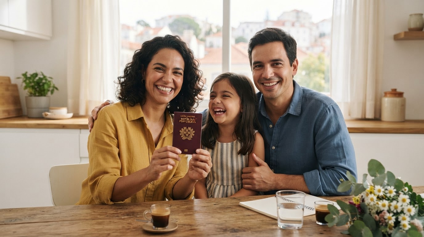 Família feliz com passaporte